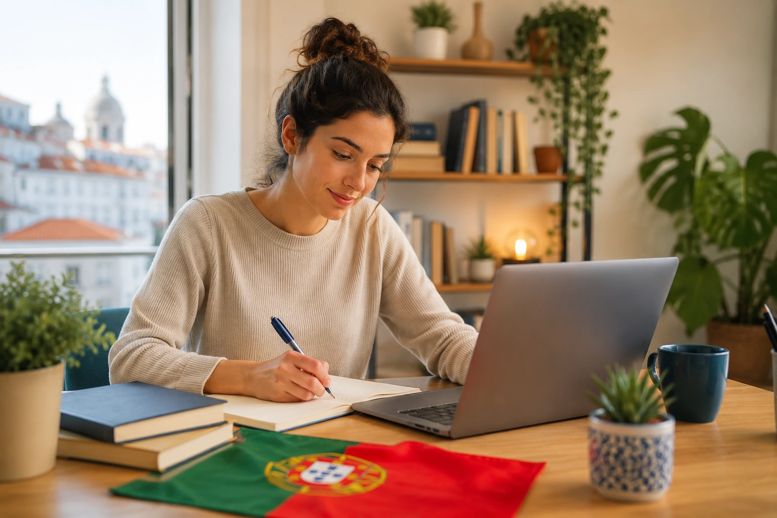 Woman learning European Portuguese online at home with a laptop and study materials.