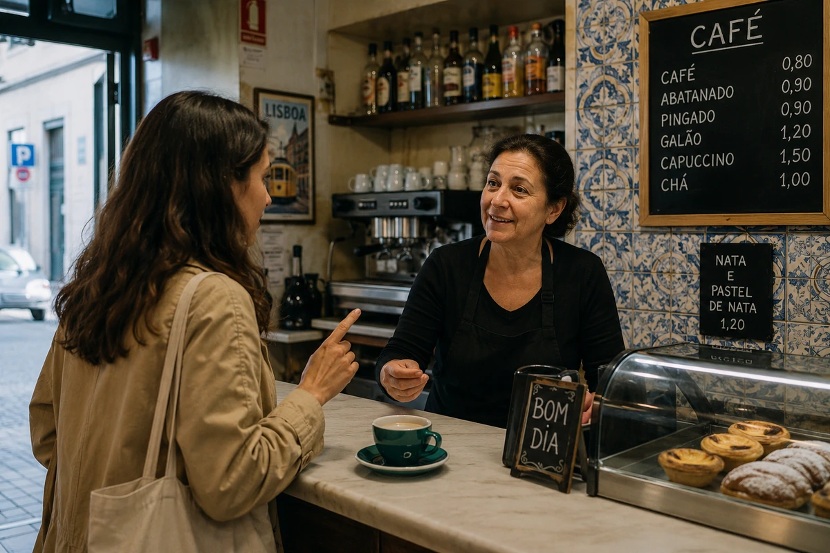 Beginner learning European Portuguese in a café in Portugal