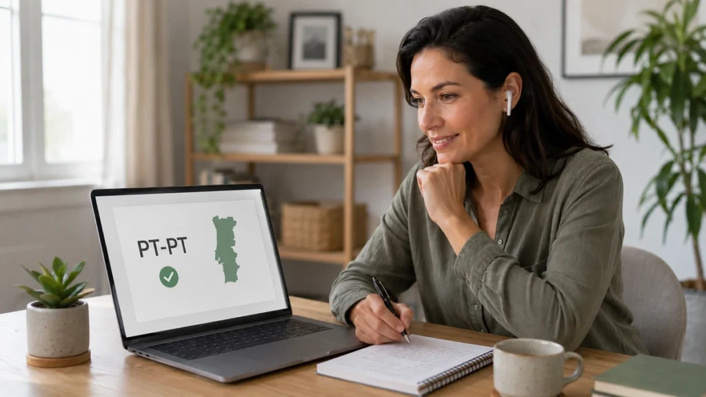 Adult learning European Portuguese online on a laptop at home, taking notes in a notebook with a cup of coffee and Portuguese-themed decor on the desk.