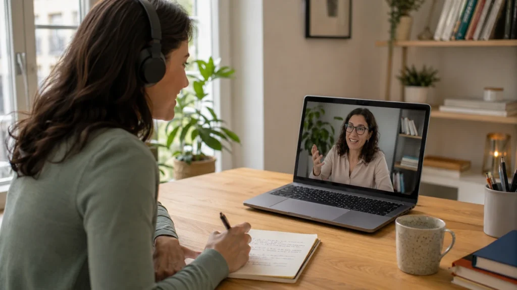 european-portuguese-speaking-practice-online Adult learner practising European Portuguese speaking online with a tutor