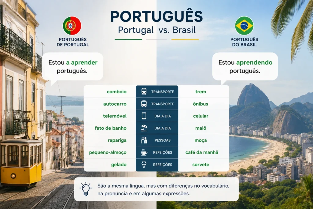 Visual comparison between European Portuguese and Brazilian Portuguese with examples of vocabulary and pronunciation differences.