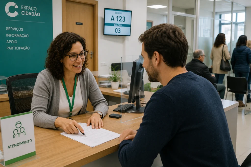 Expat speaking with a staff member at a public service office in Portugal.
