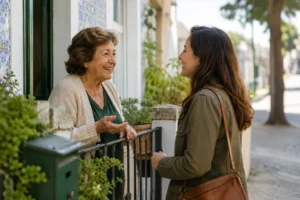 Expat speaking with an elderly neighbour outside a traditional home in Portugal.
