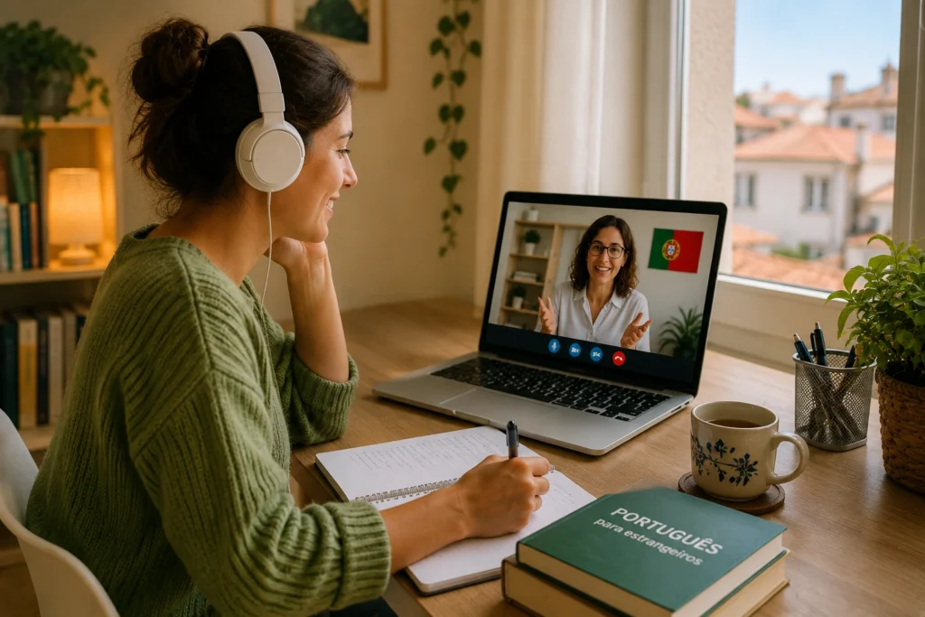 Adult learner taking an online European Portuguese lesson from home with a tutor on a video call.
