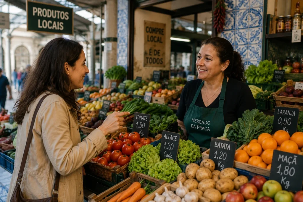 Practising European Portuguese at a local market in Portugal