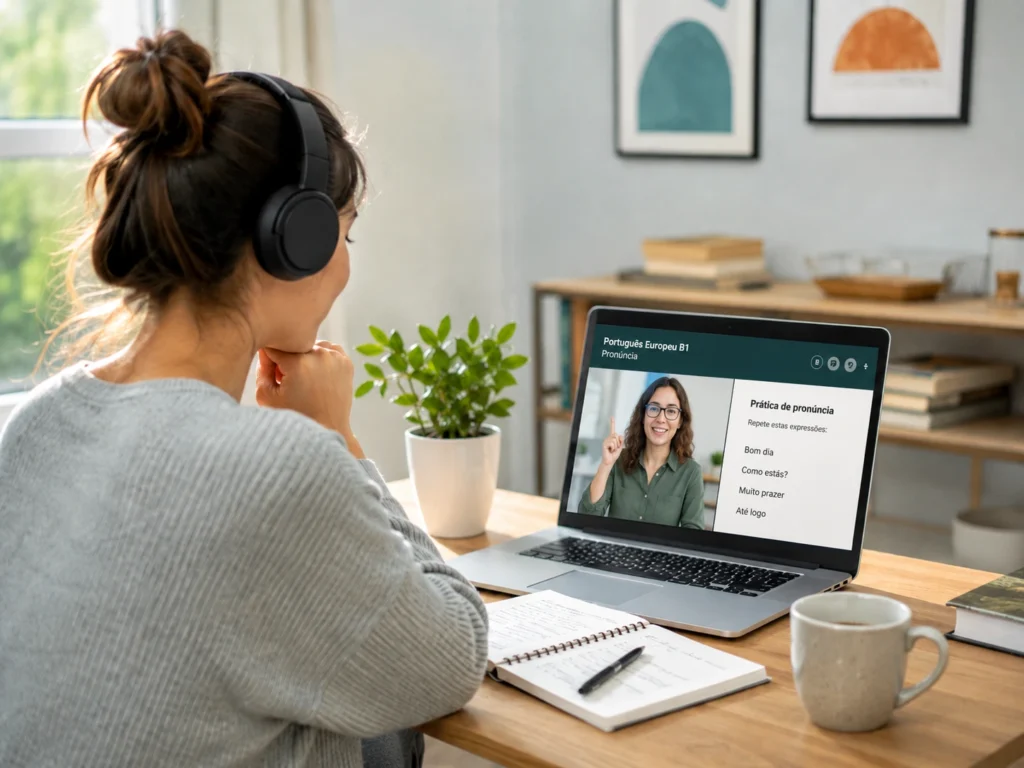 Learner practising European Portuguese listening with headphones