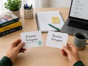 First-person view of an adult learner holding two cards labelled “European Portuguese” and “Brazilian Portuguese” over a study desk with Portuguese books, a notebook, laptop and coffee.