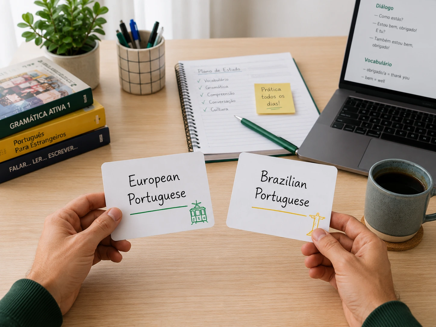 First-person view of an adult learner holding two cards labelled “European Portuguese” and “Brazilian Portuguese” over a study desk with Portuguese books, a notebook, laptop and coffee.