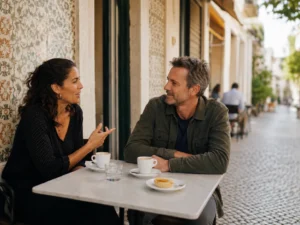 Two adults having a relaxed conversation at an outdoor café in Portugal, practising spoken European Portuguese over coffee.
