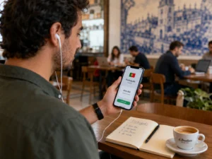 Adult learner studying European Portuguese with a mobile