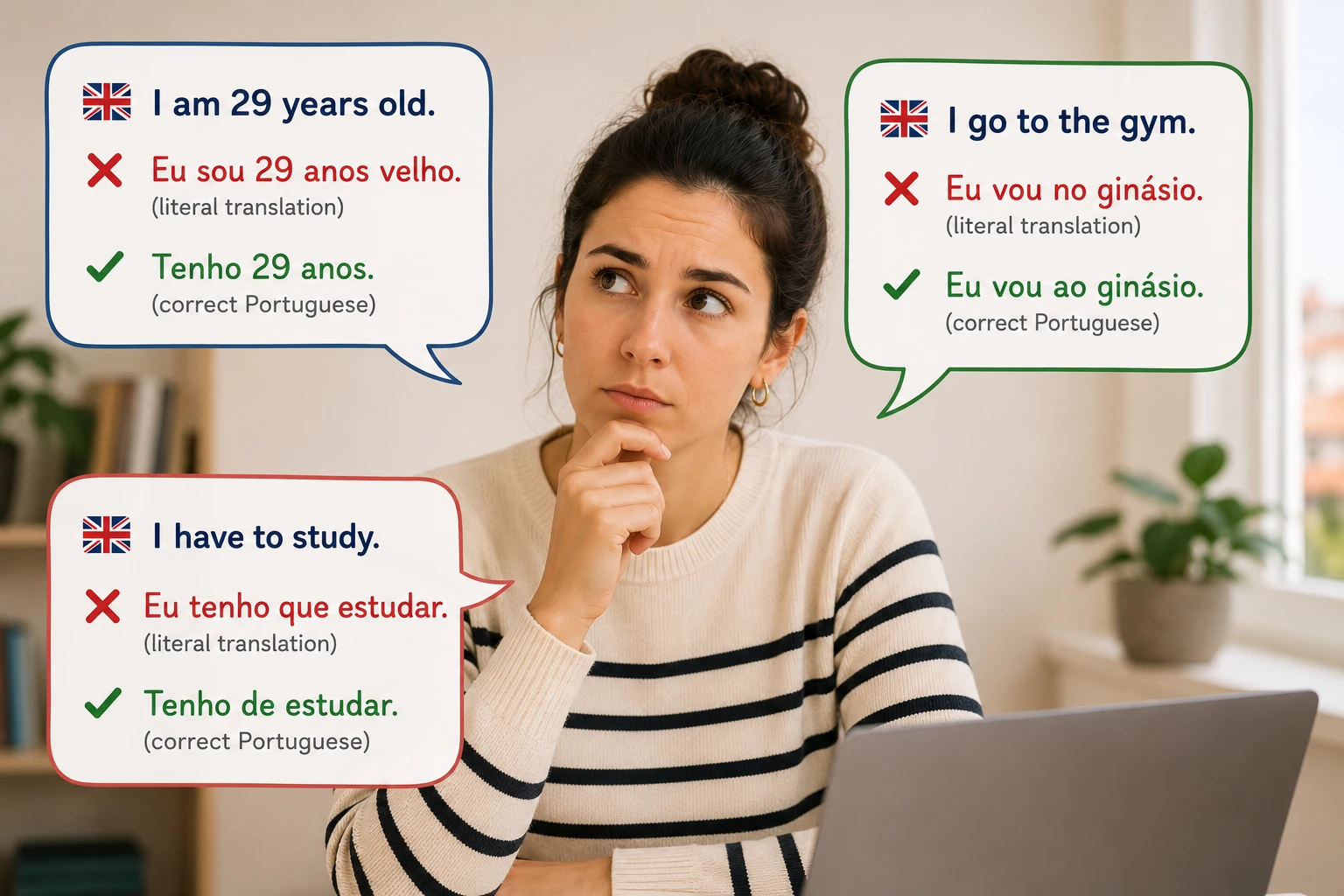 Woman studying European Portuguese with three speech bubbles showing English phrases, incorrect literal Portuguese translations and correct Portuguese sentences.