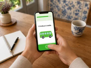 Hands holding a smartphone displaying the Brazilian Portuguese sentence “O ônibus é verde” in a language-learning app.
