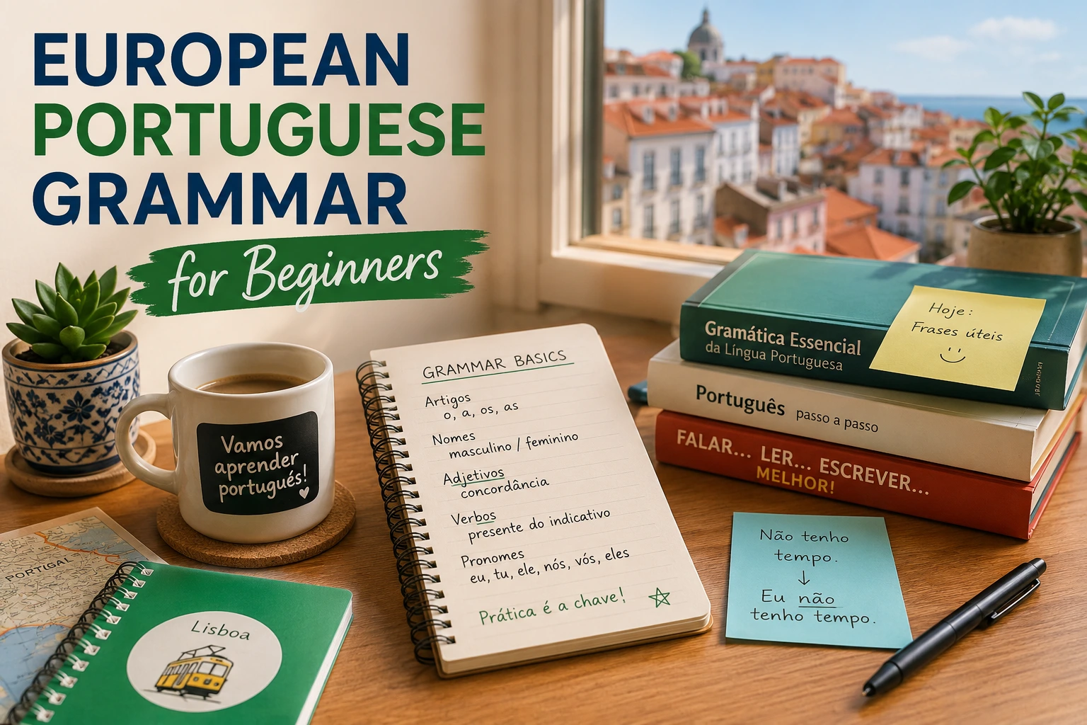 Study desk with beginner European Portuguese grammar notes, books and a Lisbon view in the background.