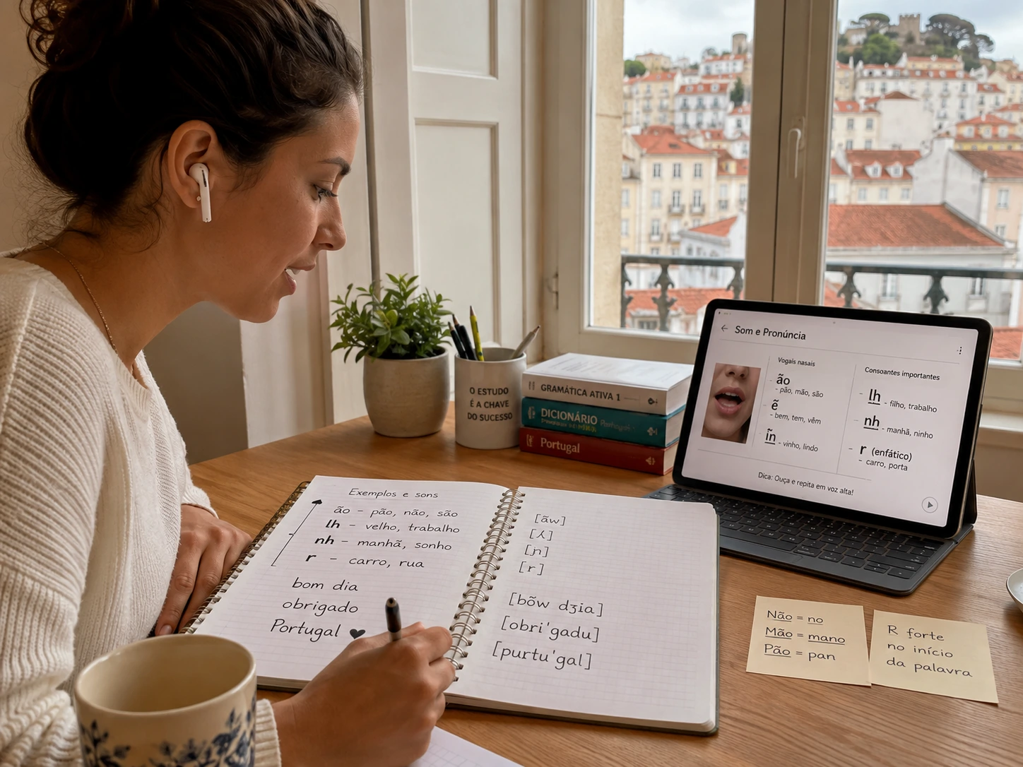 Adult learner practising European Portuguese pronunciation with earbuds, a tablet lesson and handwritten notes.