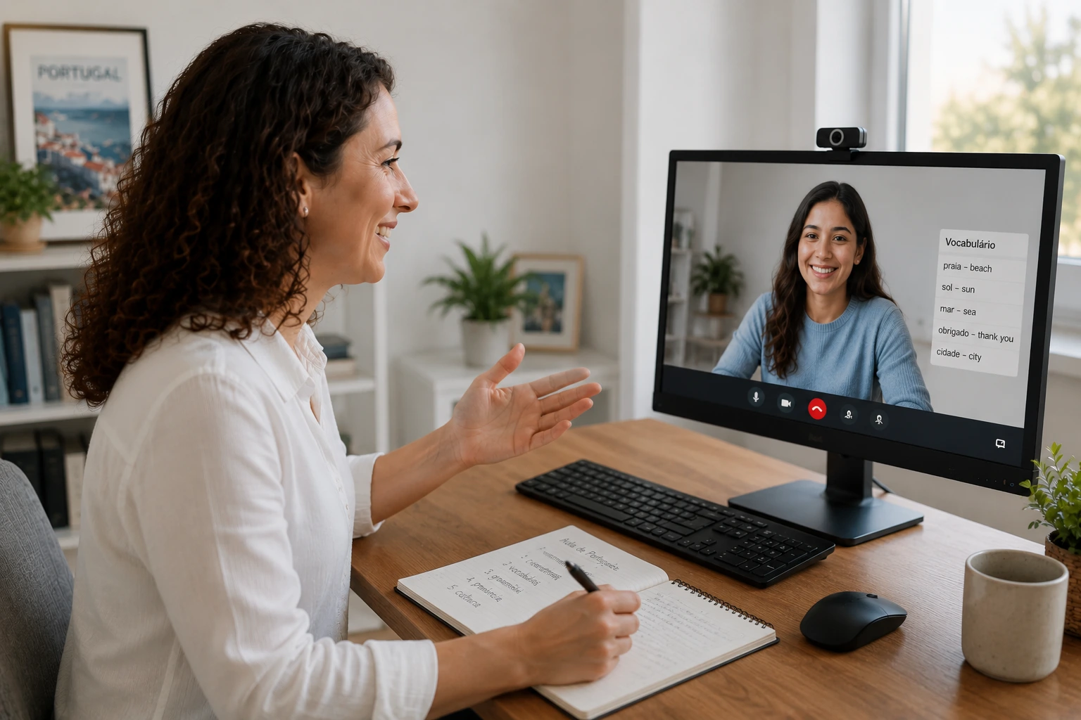 European Portuguese teacher teaching an online lesson from a home office, using a desktop computer with a notebook, keyboard and mouse while speaking with a student on a video call.