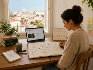 Adult learner studying European Portuguese with a laptop, calendar and A1-to-B2 learning plan in Lisbon.