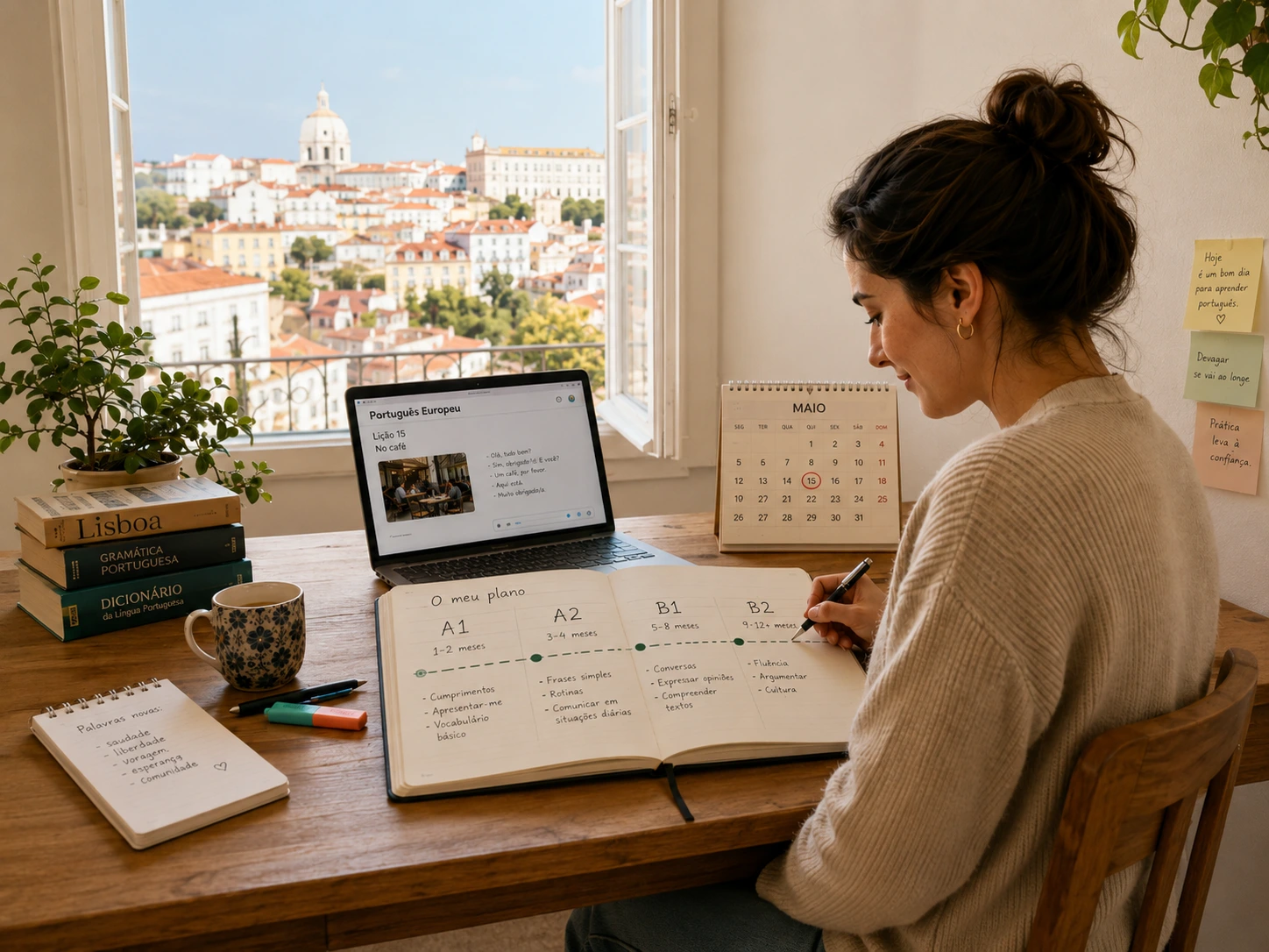 Adult learner studying European Portuguese with a laptop, calendar and A1-to-B2 learning plan in Lisbon.