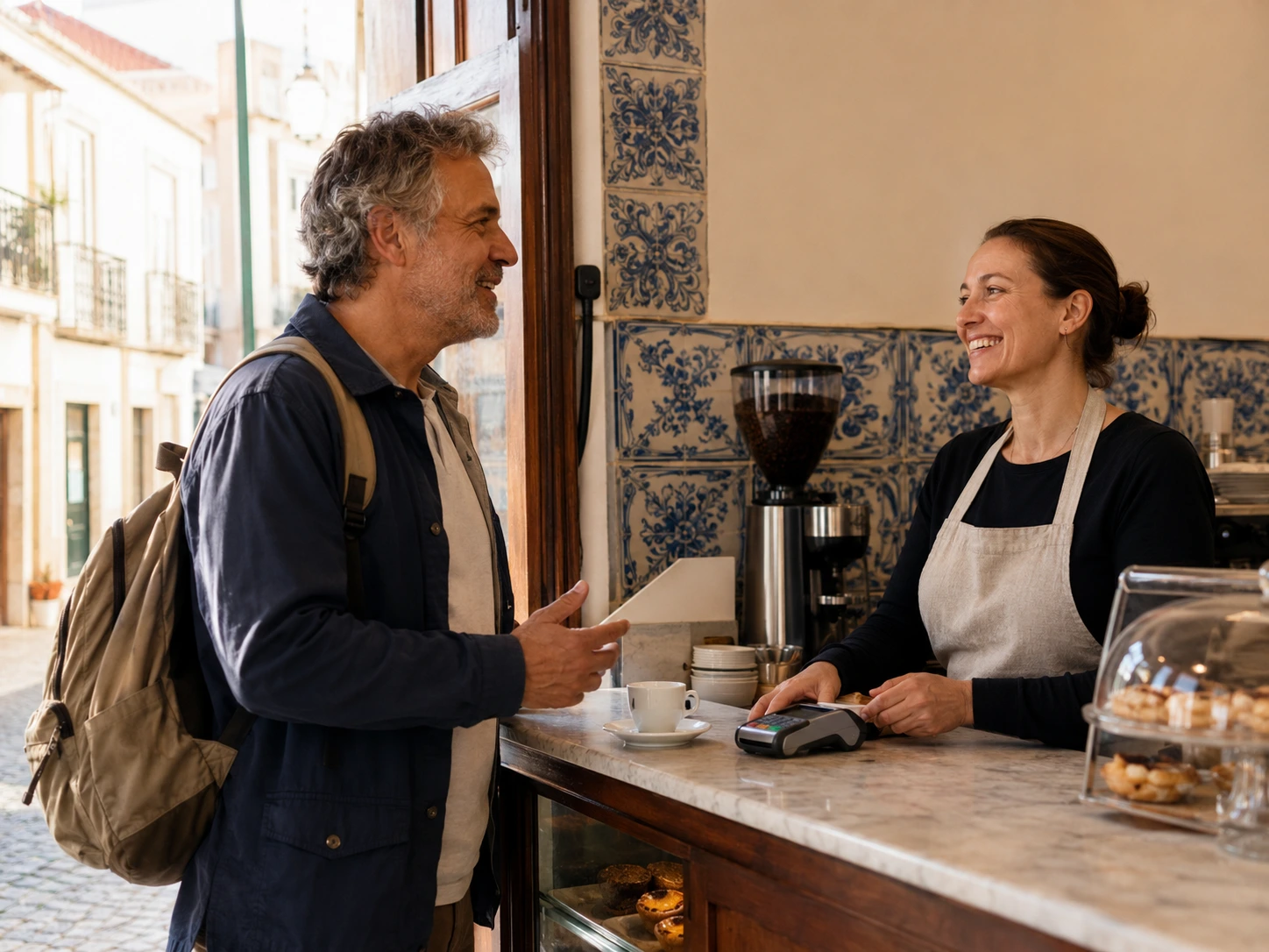 Adult learner speaking European Portuguese with a café worker in Portugal.