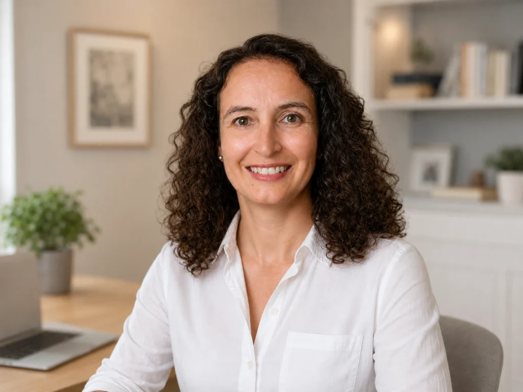 European Portuguese tutor smiling in a neutral home office.